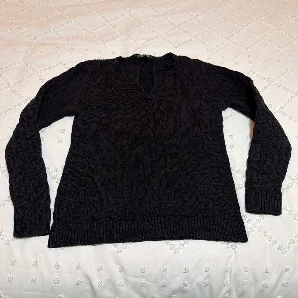 Lauren Ralph Lauren Women's XL Black 100% Cotton Cable Knit Split V Neck Sweater